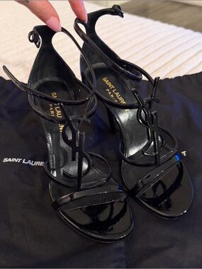 Saint Laurent Black Patent Opyum Logo Strap Heels